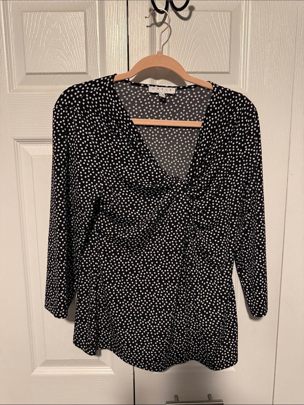 Chaus Black and White Polka Dot Twist-Front V-Neck Blouse